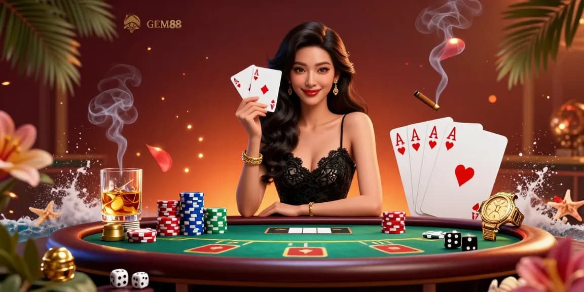 Engage with GEM88's luxurious gaming atmosphere, featuring a stunning woman with ace cards surrounded by diverse casino elements.