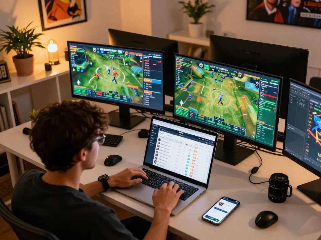 VSBET user engaging in online sports betting at home with multiple screens and active betting interface.
