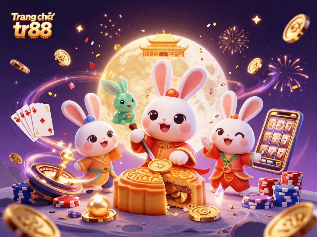 Experience the excitement of Trang chủ tr88 with the playful moon rabbit celebrating casino wins amidst dazzling gaming elements.