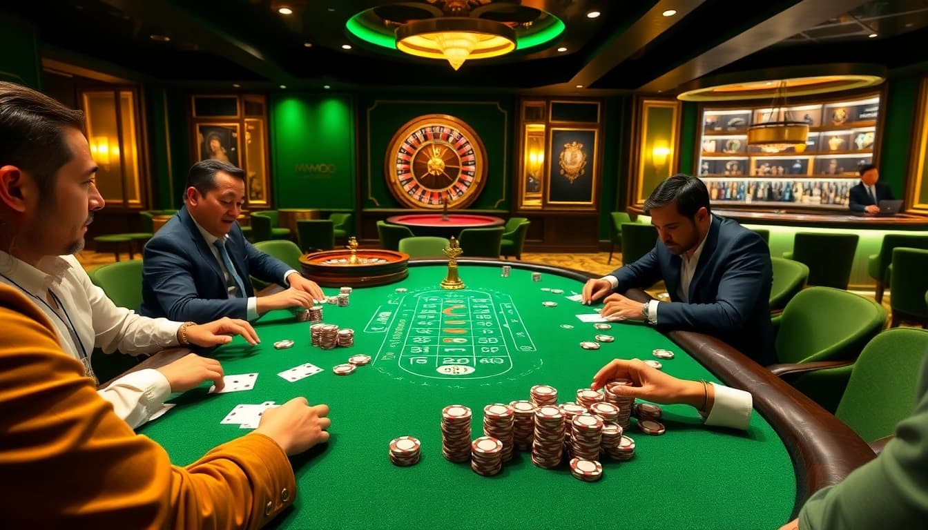 Experience high-stakes poker at MMOO, featuring luxurious tables and vibrant casino atmosphere.