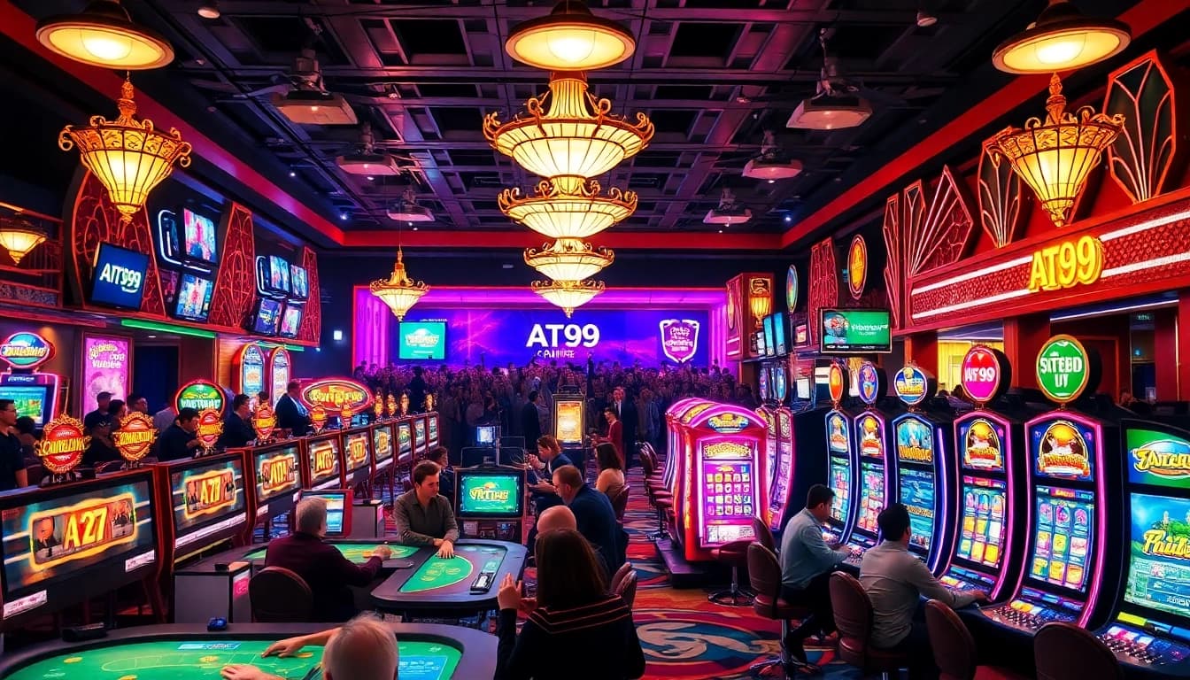 Engaging scene of players at a casino at AT99娛樂城, surrounded by vibrant gaming tables.