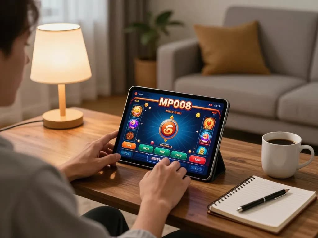 MPO08 online gaming session captures focused player engaging with a tablet, showcasing dynamic casino gameplay in a cozy environment.
