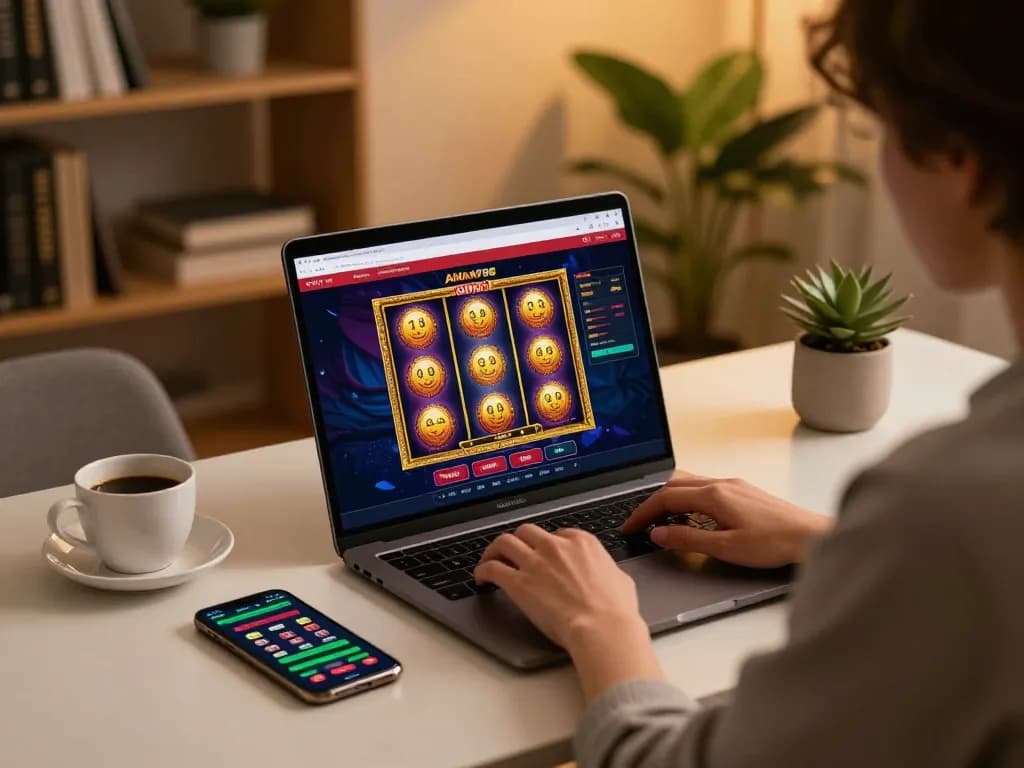 Berpartisipasi dalam slot online dengan antarmuka AMAN788 di laptop, pengaturan meja yang nyaman menyoroti perjudian yang bertanggung jawab.