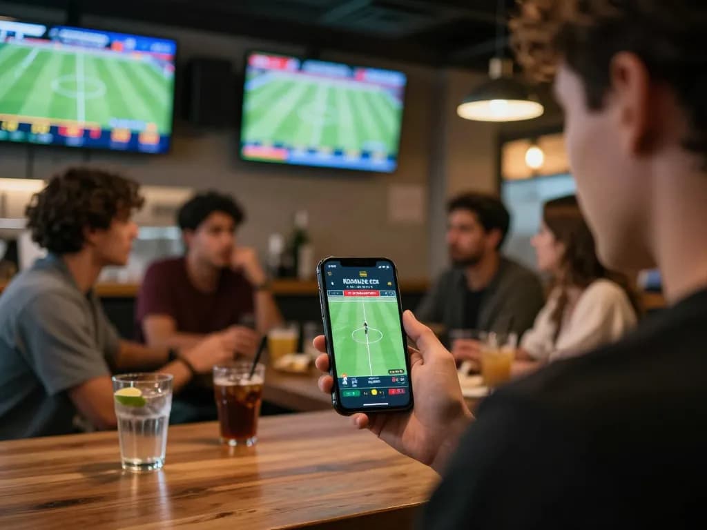 Kèo bóng đá hôm nay in action, as a person places live bets using a smartphone in a lively sports bar environment.