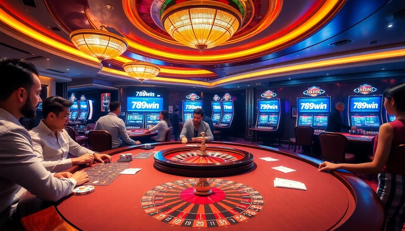 Experience the thrill of 789win with vibrant casino tables, colorful lights, and excited players.