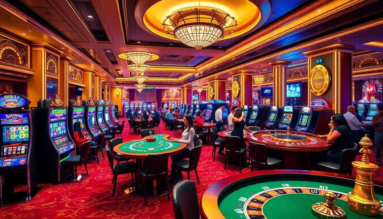 Exciting gaming scene at https://s8com.net with vibrant slot machines and poker action.