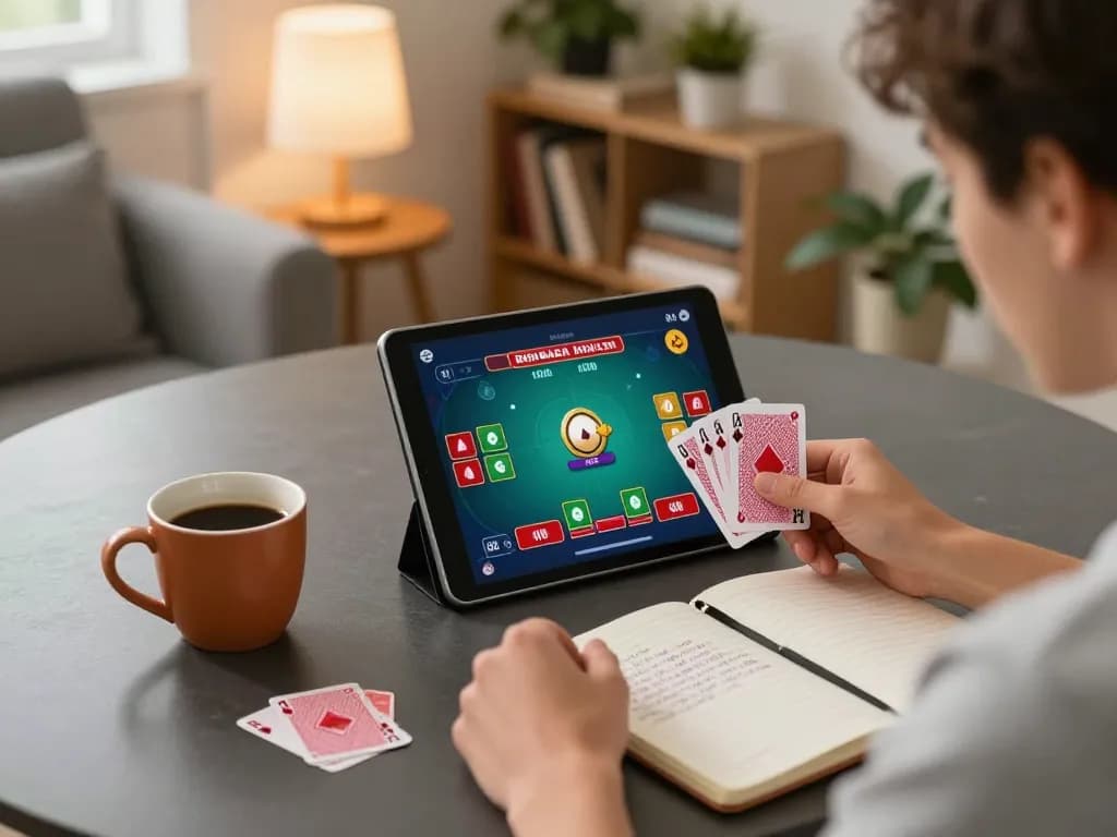 Player strategizing their next move in an online xo88 poker game, showcasing a tablet with hand and betting options illuminated in a cozy home environment.