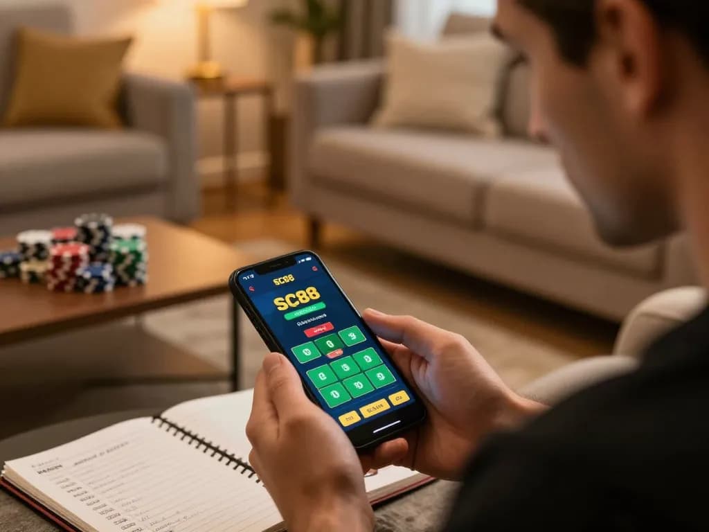 Player strategically engaging with the SC88 app on their smartphone in a cozy home setting.