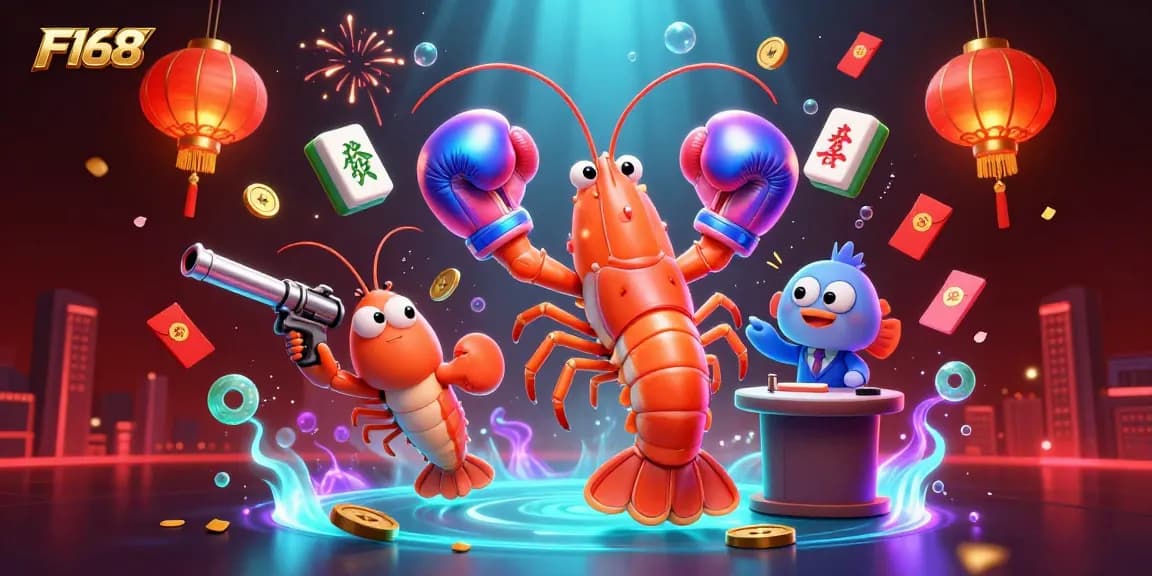 Win big with F168 in this vibrant casino scene featuring cartoon characters celebrating around glowing game elements.