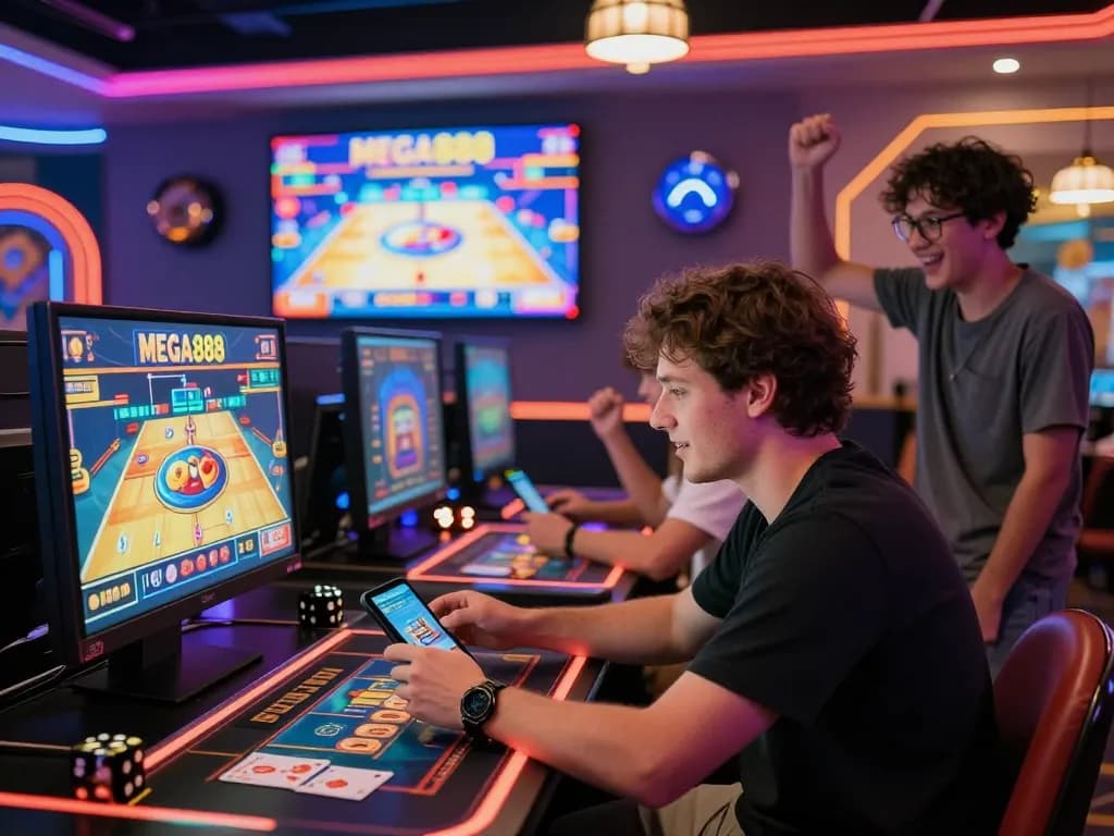 Experience the excitement of MEGA888 gaming in a vibrant online casino atmosphere with friends.