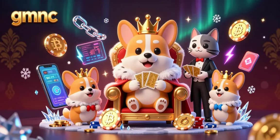 Experience gmnc's innovative gaming strategies with a royal corgi seated confidently on poker chips surrounded by cryptocurrency.