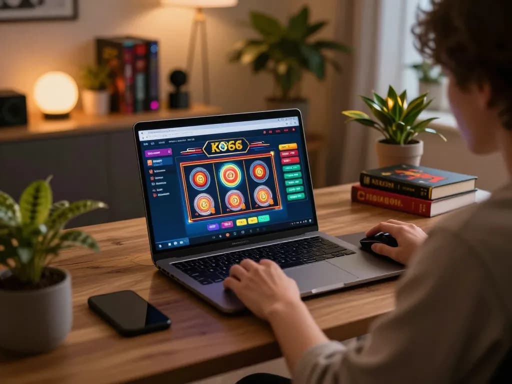 Engaging with KO66 online casino platform during cozy home gaming session.