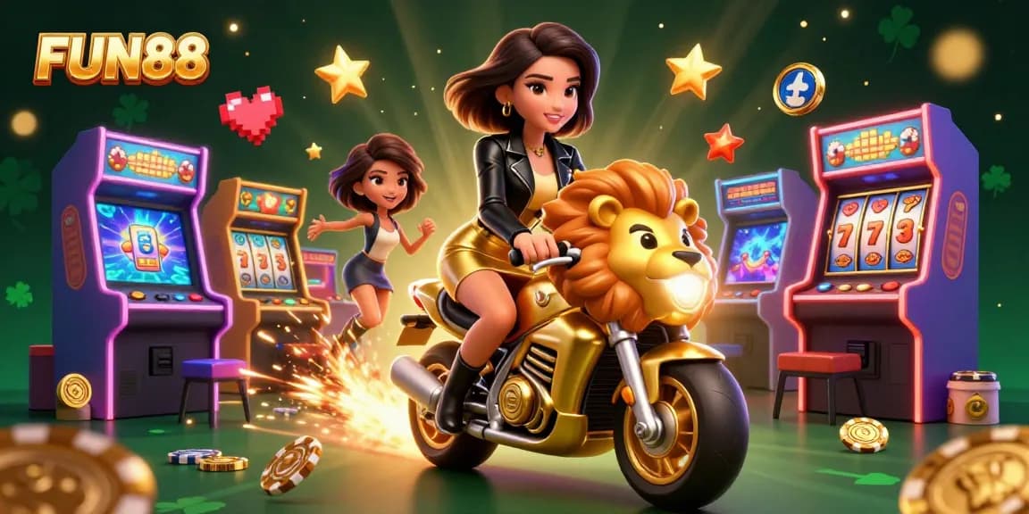 Engage with FUN88's vibrant gaming scene featuring a stylish Asian woman riding a golden lion mascot among dynamic slots.