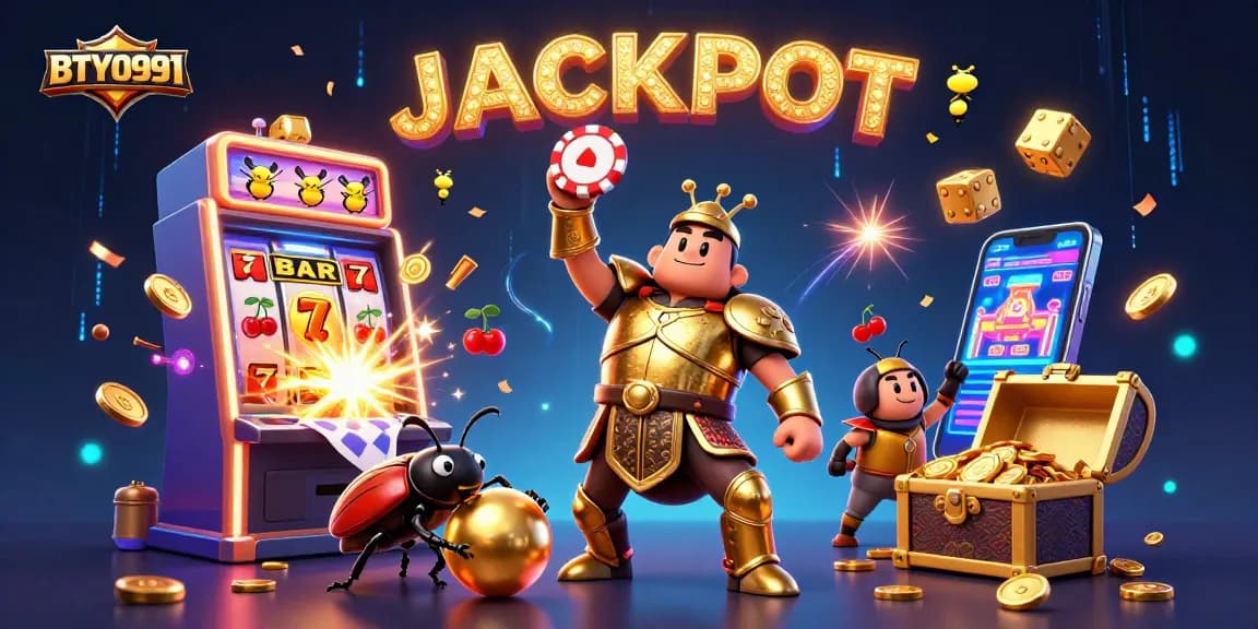 Engage with BTY0991's thrilling casino action featuring cartoon characters celebrating a jackpot with vibrant elements.