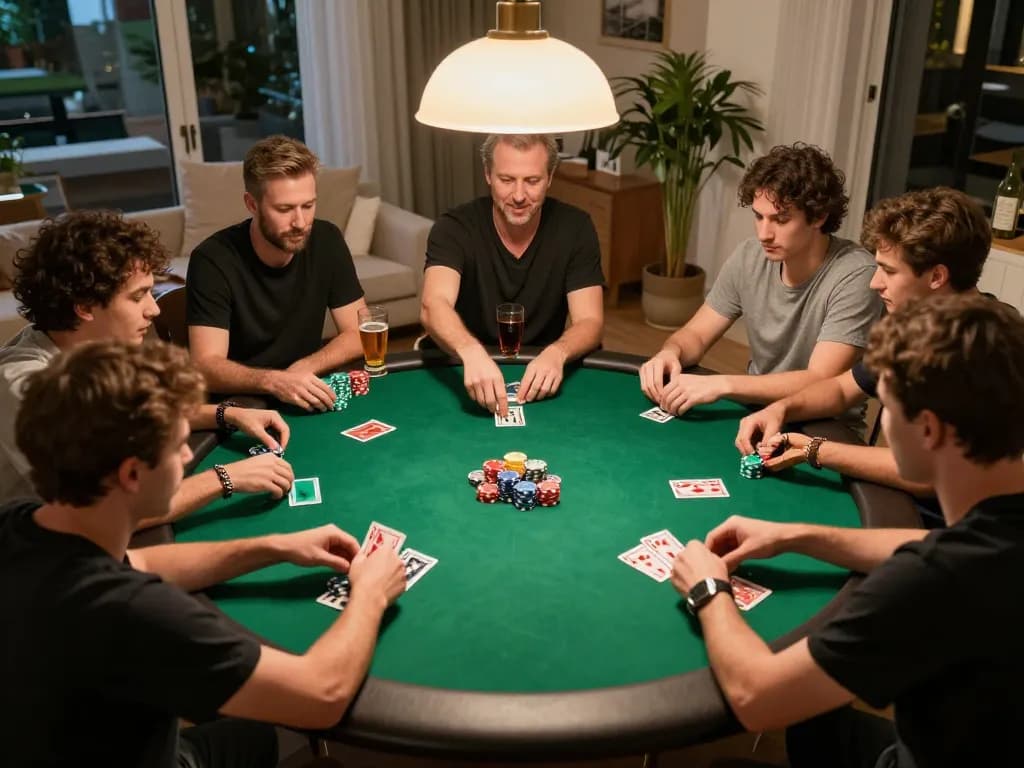 Players enjoying W4U poker game night at home, showcasing chips and cards in a vibrant setting