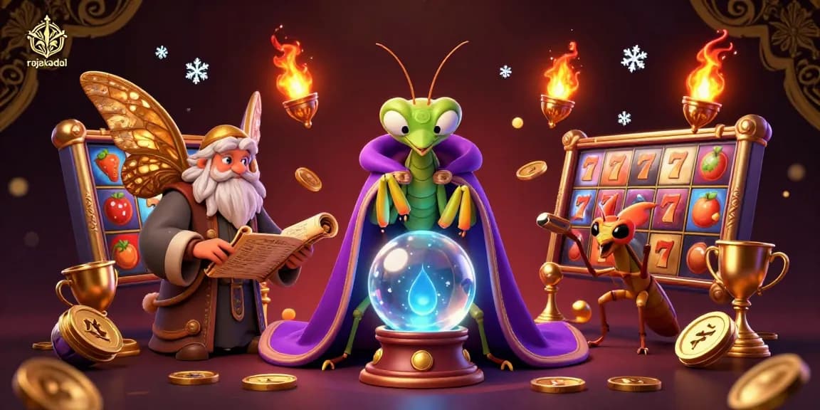 Permainan seru di rajakadal dengan simbol slot dan jackpot, serta karakter lucu dalam suasana grafis kasino.