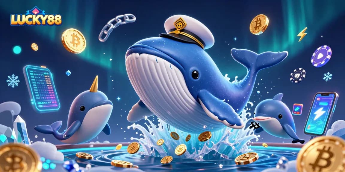 LUCKY88 brings adventure to life with a whale, crypto coins, and poker chips in vibrant casino imagery.