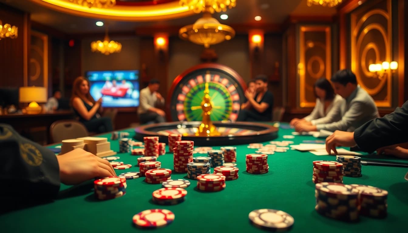 Mint88 players engaging in lively poker action at a vibrant casino table.