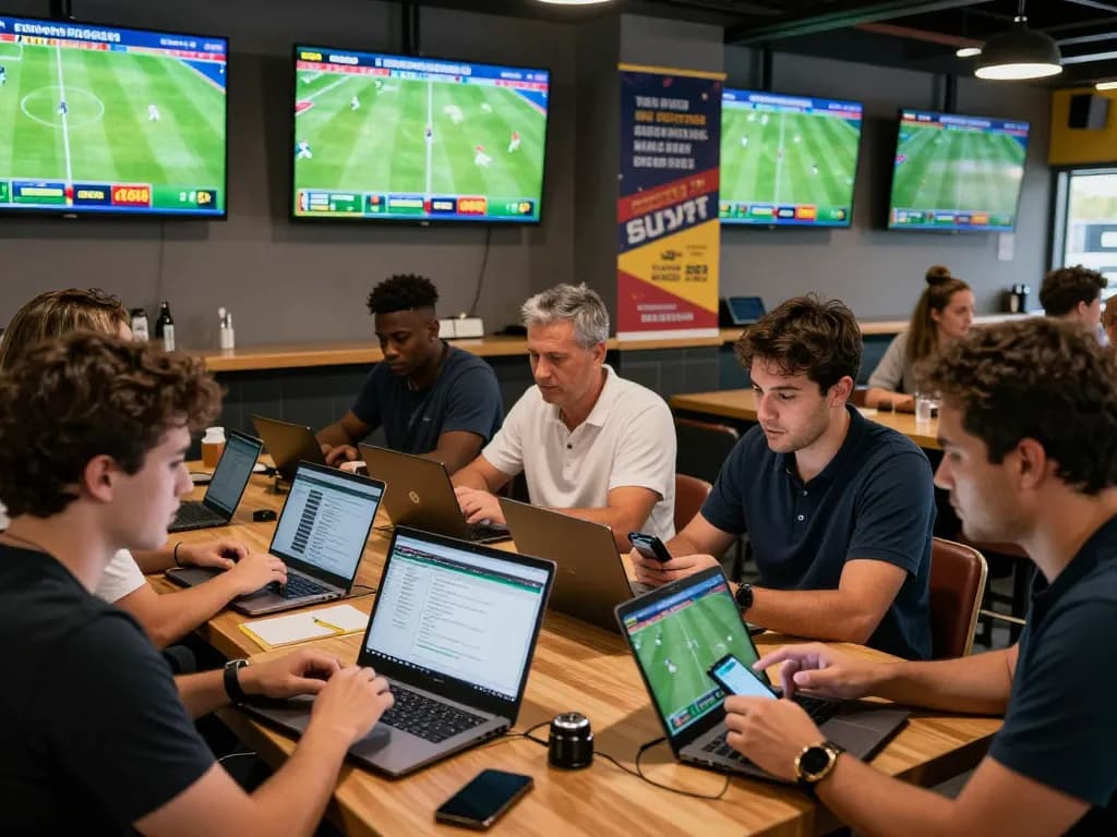 Exciting kèo nhà cái betting scene with diverse bettors analyzing live football odds.