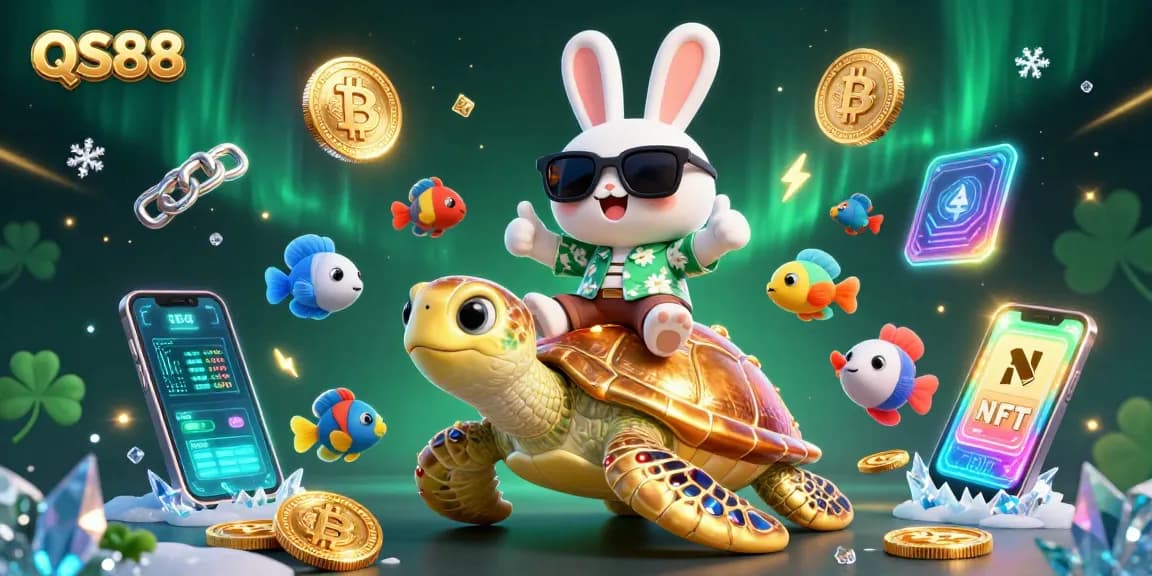 Win big at QS88 with an exciting scene featuring a lucky rabbit and a giant turtle amidst vibrant games.