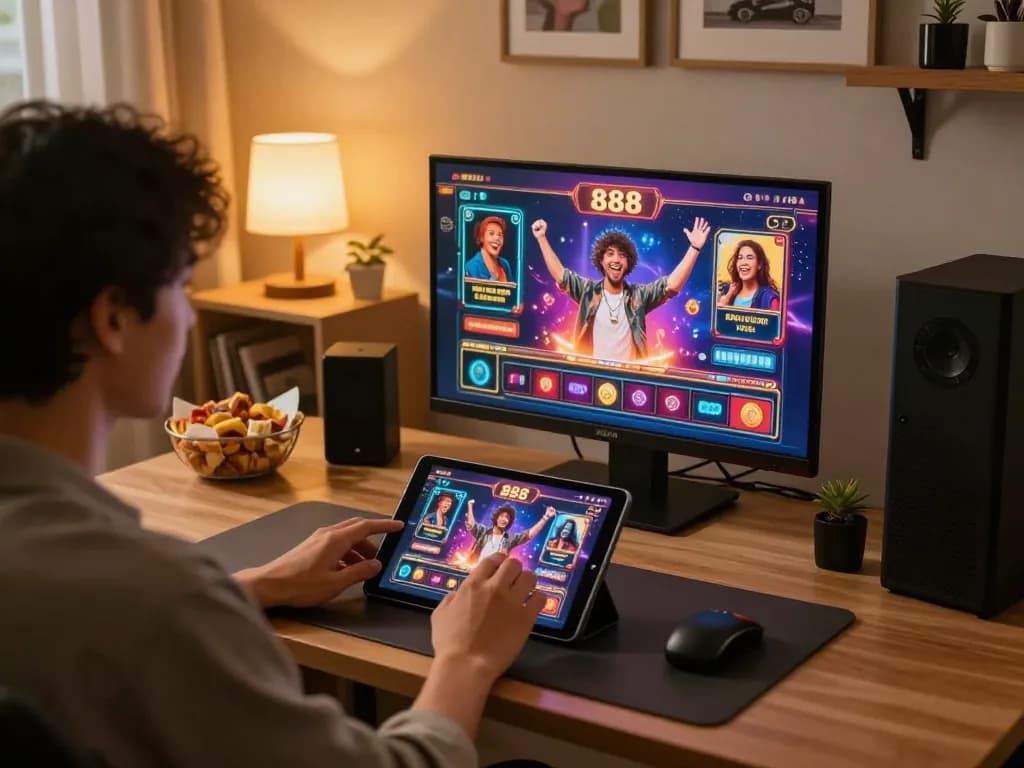 Experience thrilling gaming moments with say88 on a handheld device in a cozy home setting.