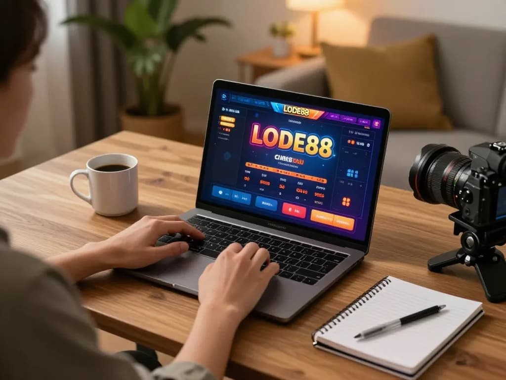 Player engaging in LODE88 online gaming, showcasing vibrant casino interface and strategic notes