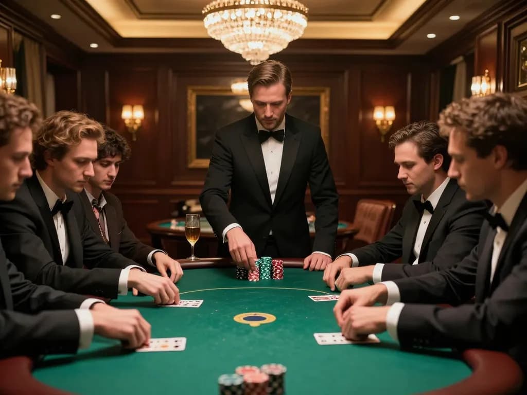 Engaging poker scene at tt88n0hu com, showcasing intense players and luxurious decor in a game room.