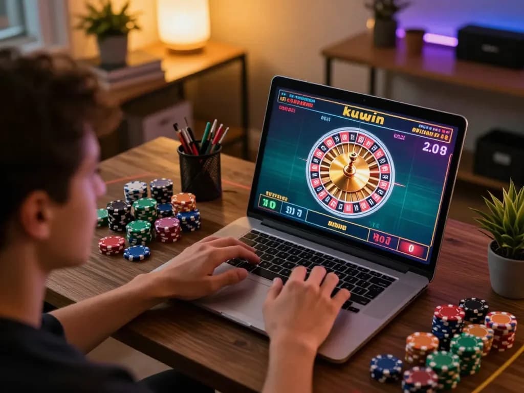 Kuwin online gaming session featuring a live roulette table on a laptop, emphasizing strategic betting.