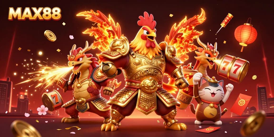 Engage with MAX88 casino excitement featuring a heroic rooster, fierce dragon, and lucky cat amidst vibrant gaming elements.