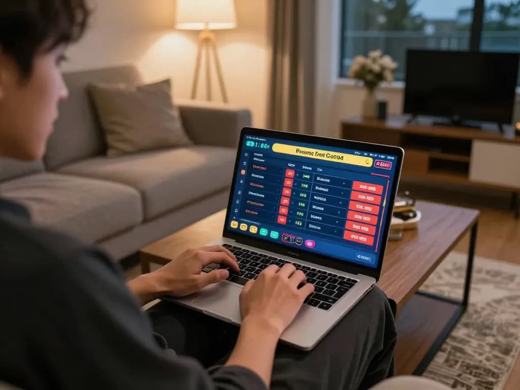 Dewa togel player analyzing bets online in a cozy home setting with warm ambiance