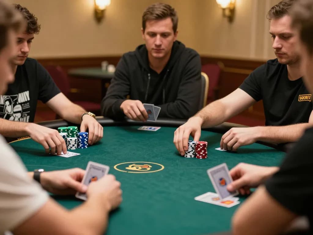 Engaged players at king33 poker table strategizing their next moves with chips and cards