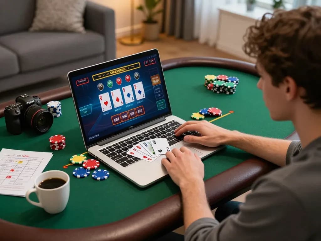 Engaged user playing blackjack on kp88vip online casino, surrounded by betting strategy notes and warm ambient lighting.