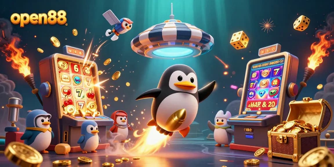 Experience the thrill of open88 with our golden penguin racing to the casino jackpot!