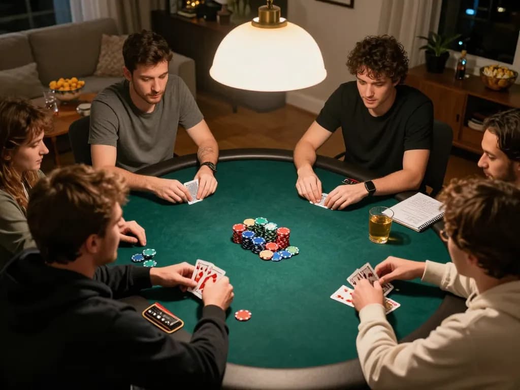 LIGALGO Gacor players engaged in a friendly poker game at home, showcasing strategy and excitement during gameplay.