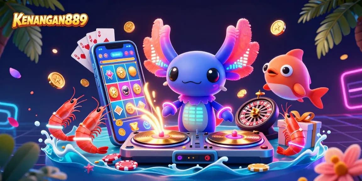 KENANGAN889 illuminates the casino realm, featuring a vibrant axolotl DJ and dynamic gaming elements.