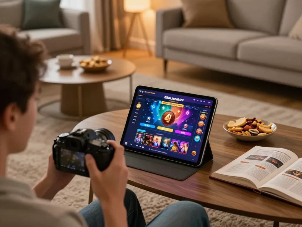 Engaged player using the BERLIAN889 Alternatif casino app on a tablet, showcasing an inviting home gaming setup.