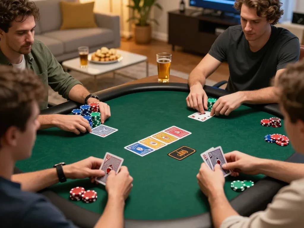 Players engaging in a thrilling online poker game with 23win interface visible on screen, vibrant chips and cards creating an exciting atmosphere for home gaming.