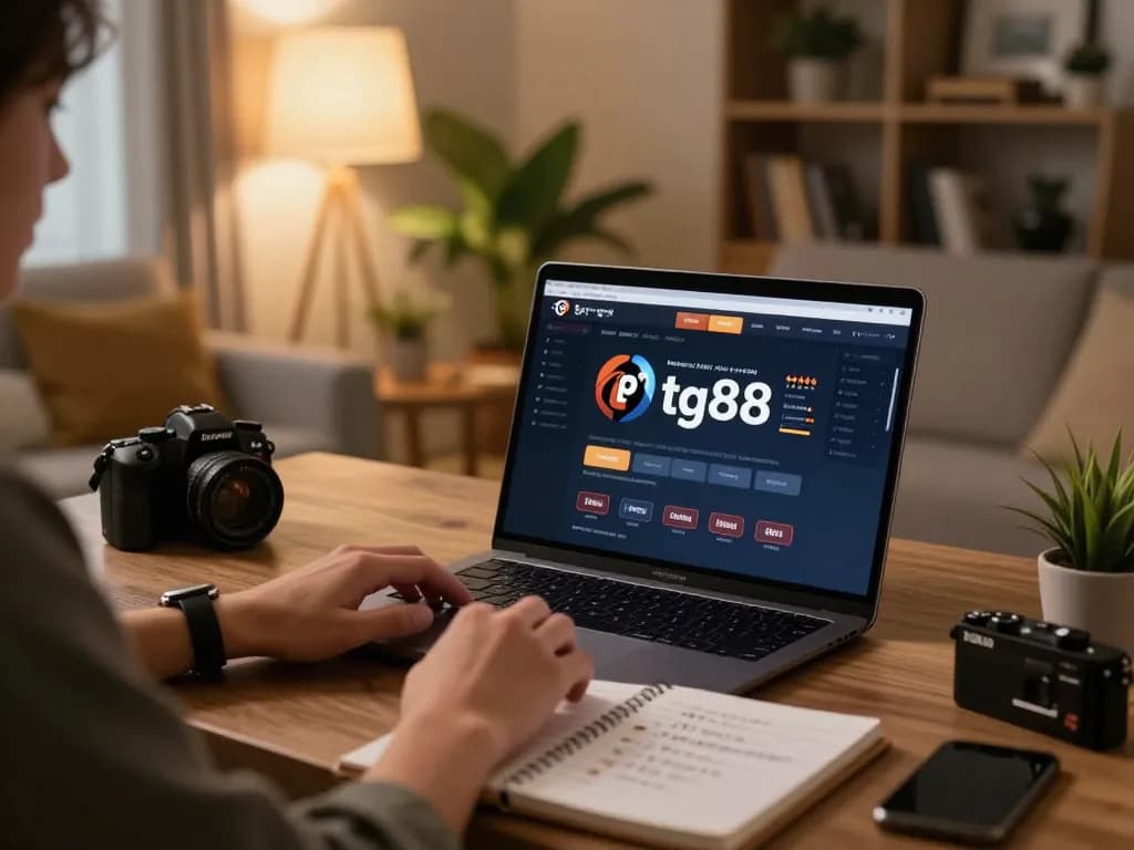 Gamer strategizing on tg88 online casino platform with cozy home setup and warm ambiance.