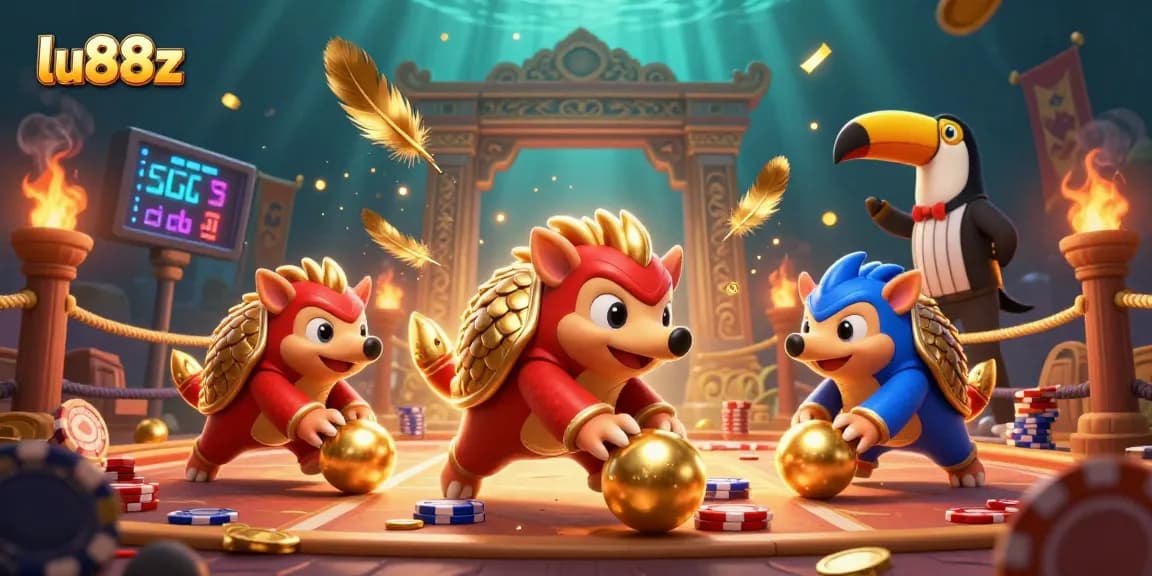 Engaging lu88z scene with rival pangolins competing in a dynamic casino setting.