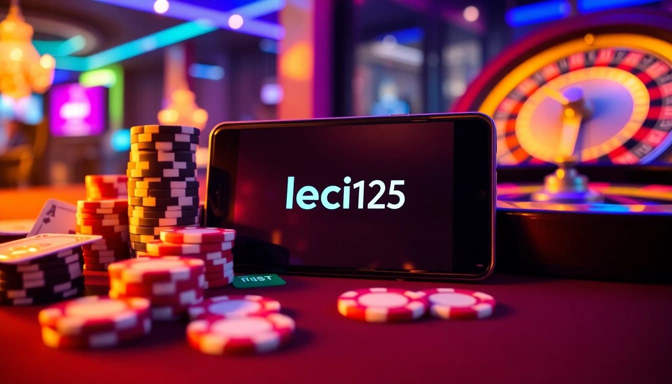 Engaging players in the leci123 mobile app while surrounded by casino chips and cards.