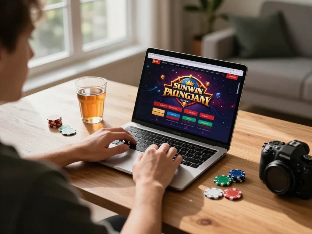 Sunwin user interacts with online casino on laptop during a cozy gaming session