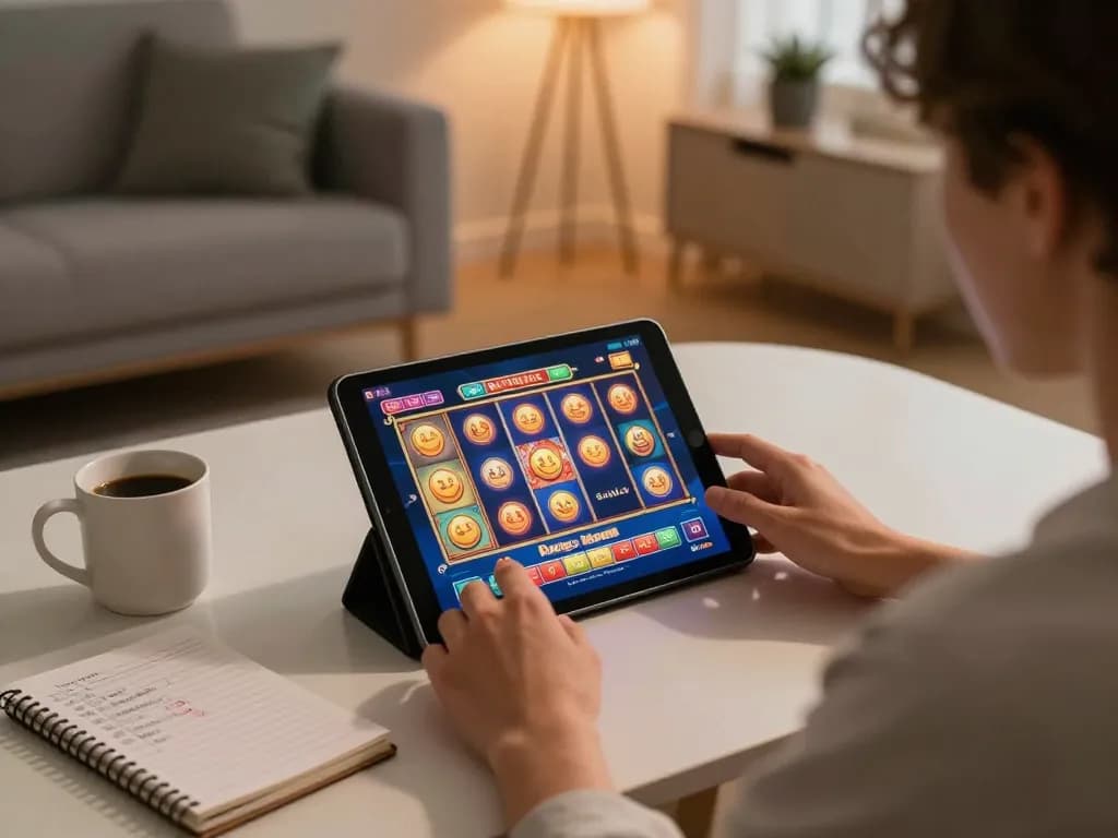 Player enjoying online gaming at home with 98win com displayed on tablet, creating a cozy gambling atmosphere.