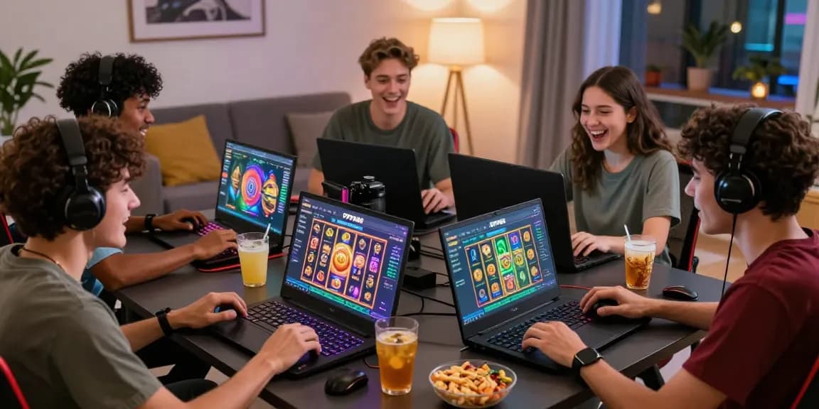 Friends enjoying games on OPPA86 situs interface with snacks, lively atmosphere.