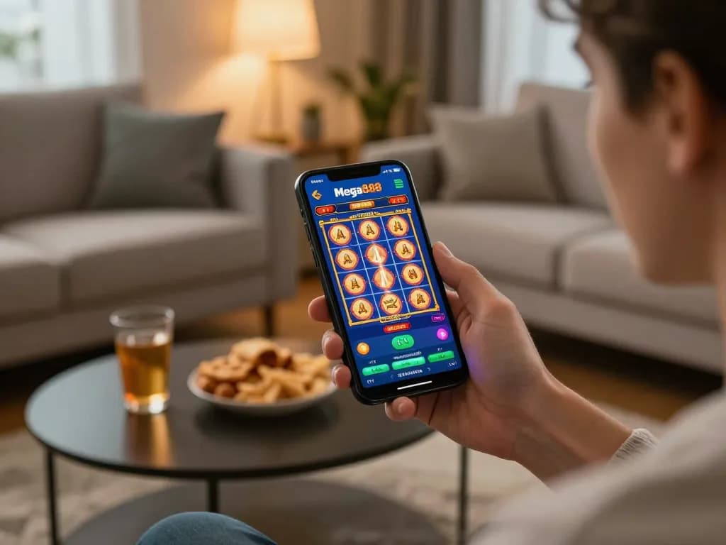 Engaging with the Mega888 app as a trusted mega888 agent, experiencing vibrant slot games in a cozy setting.