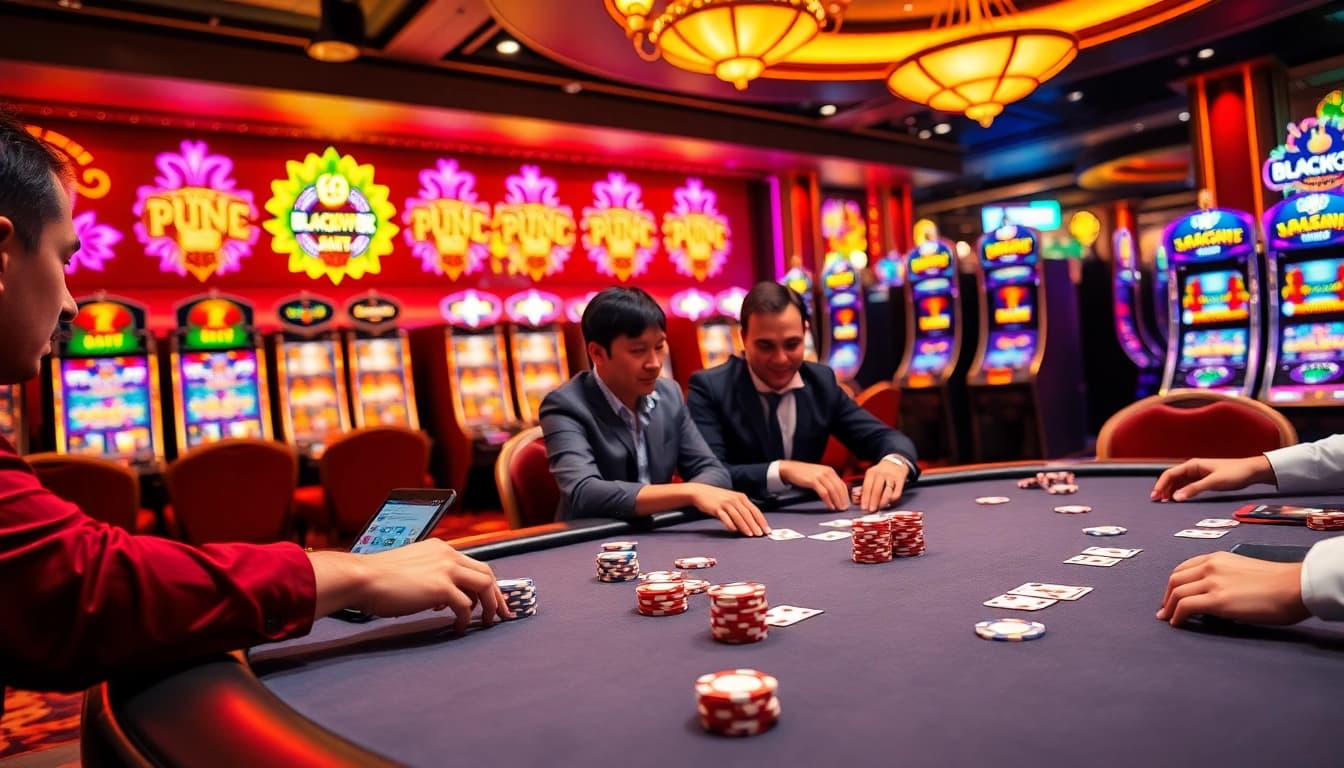 Poker players strategizing at a table with BLACKOWL88 chips and cards in a luxurious casino setting.