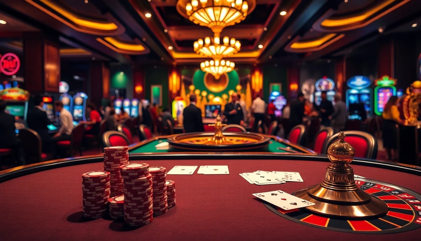 Professional overview of Nhà cái uy tín in a vibrant casino setting with poker and roulette.