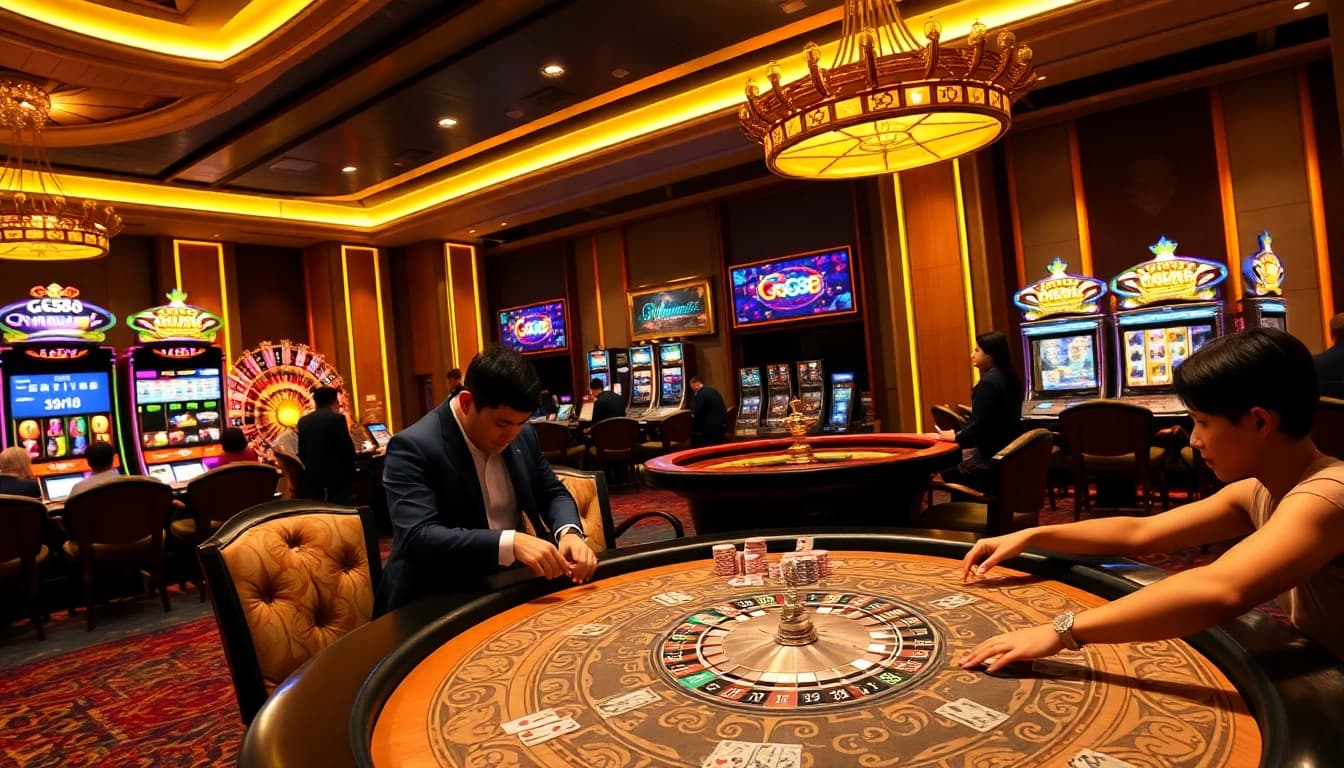 Experience thrilling gameplay at GG88 with luxurious casino tables and poker chips.