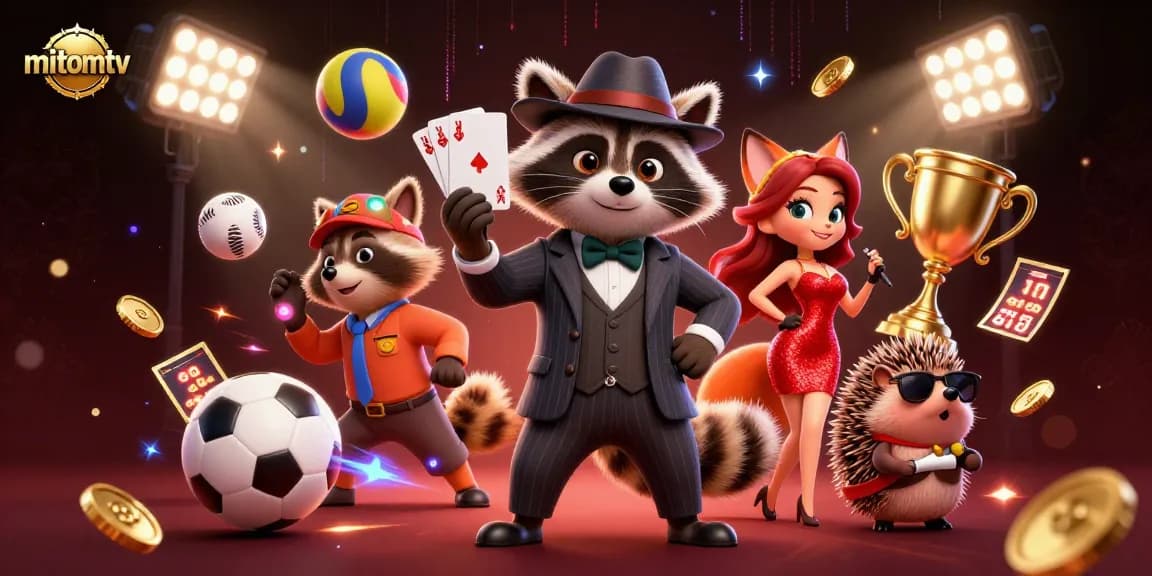 Engage with mitomtv's thrilling live sports betting experience, featuring a raccoon holding a royal flush.