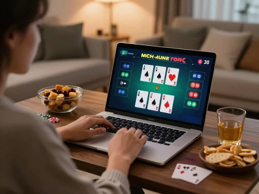Engaging with online blackjack at home, showcasing strategic gameplay on vu88.