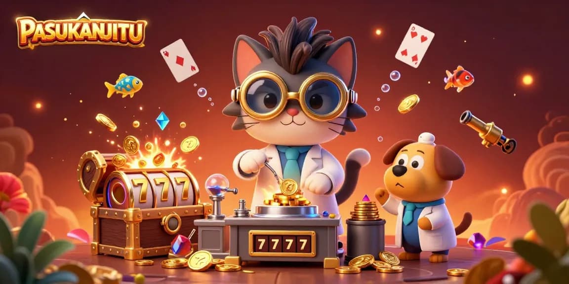 PASUKANJITU showcases a mad scientist cat and assistant crafting winning slot machines amid gold coins and playful bubbles.